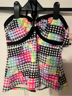 OP Colorful Patchwork Halter Tankini Swim Top | Size Small | NWT